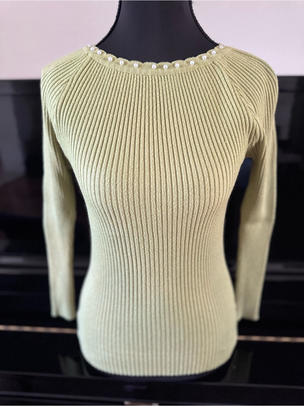 Ribbed Crewneck Sweater w/ Pearl Trim